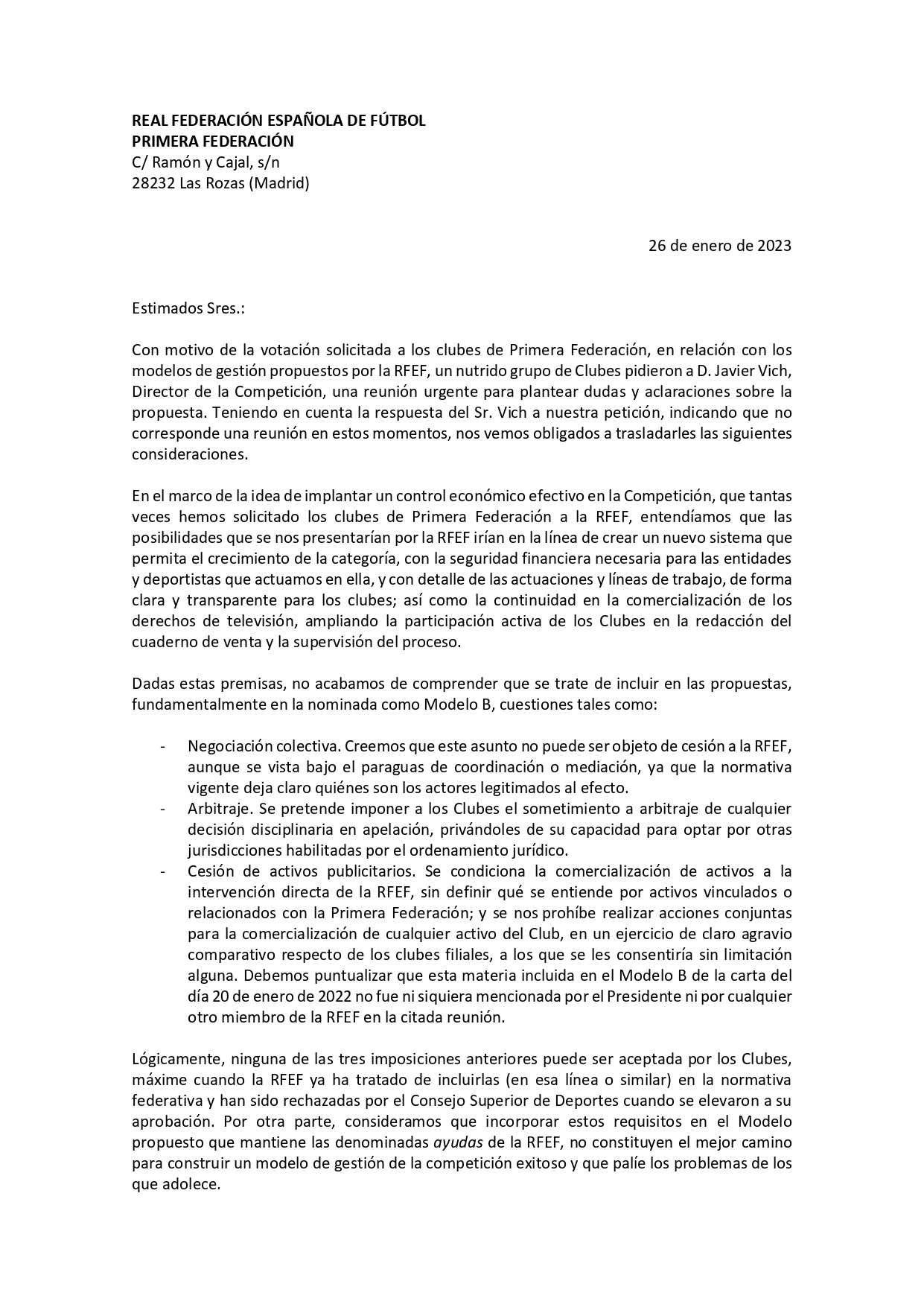 Carta al director de la Primera Federación CF Intercity Alicante